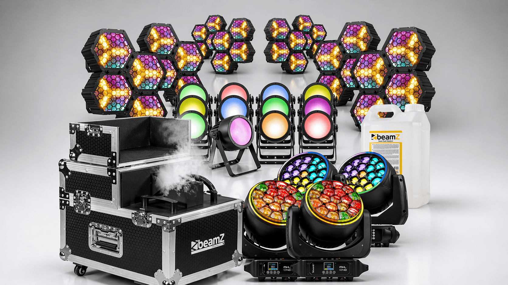 Stage lighting fixtures and moving heads arranged in a product banner.